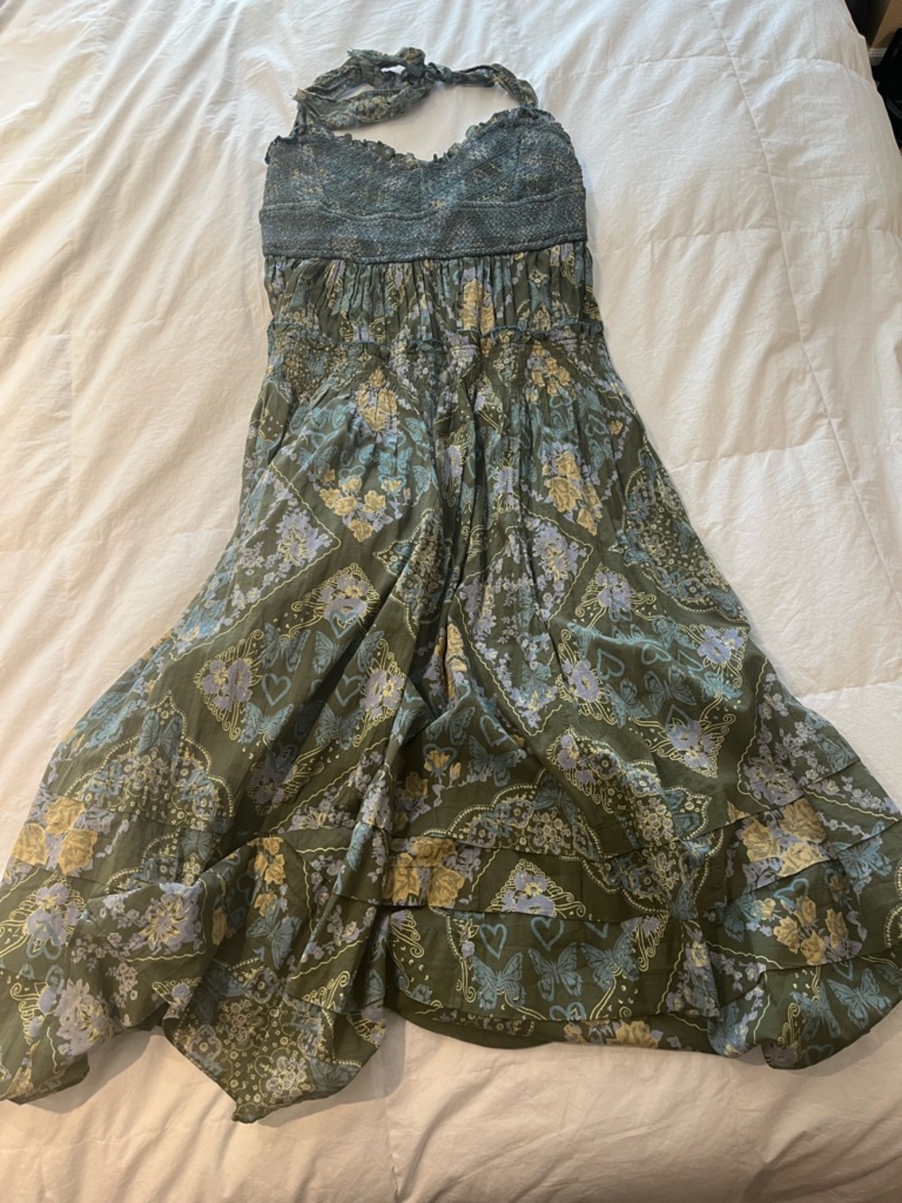 Boho Tiered Green Floral Maxi Skirt